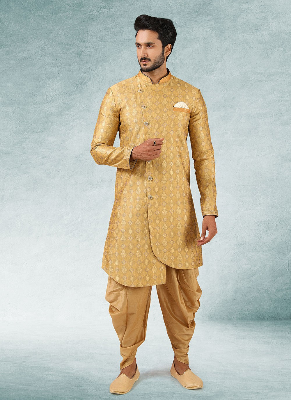 Fancy Work Brocade, Jacquard Silk Beige Indo Western - M3331