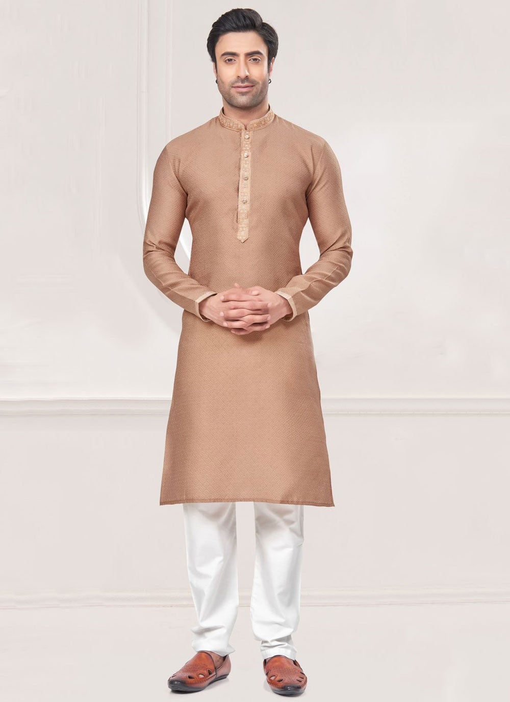 Embroidered Jacquard Silk Beige Kurta Pyjama - M7362