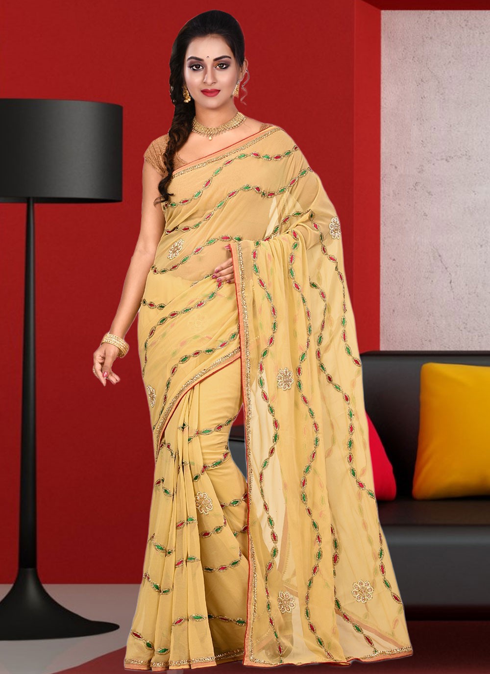 Trendy Hand Embroidery Georgette Saree - S1806