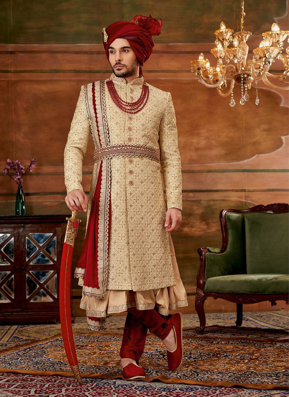 Hand Embroidery Art Silk Beige Sherwani - M4303