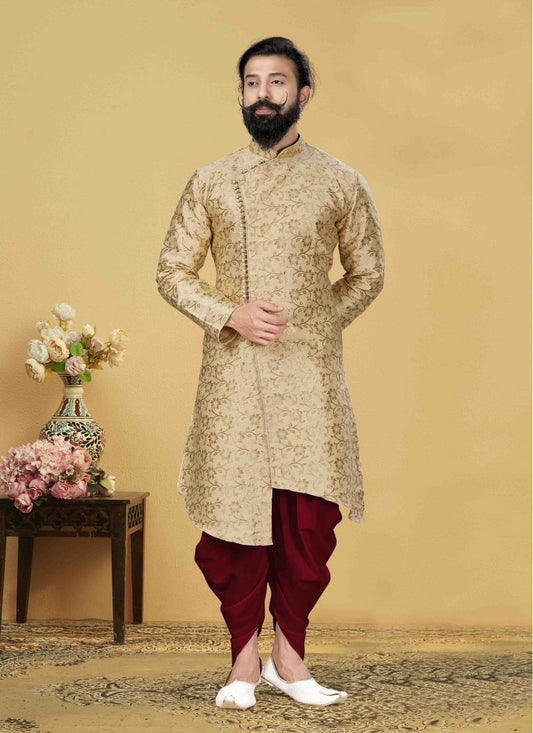 Embroidered Jacquard Silk Beige Indo Western - M1752