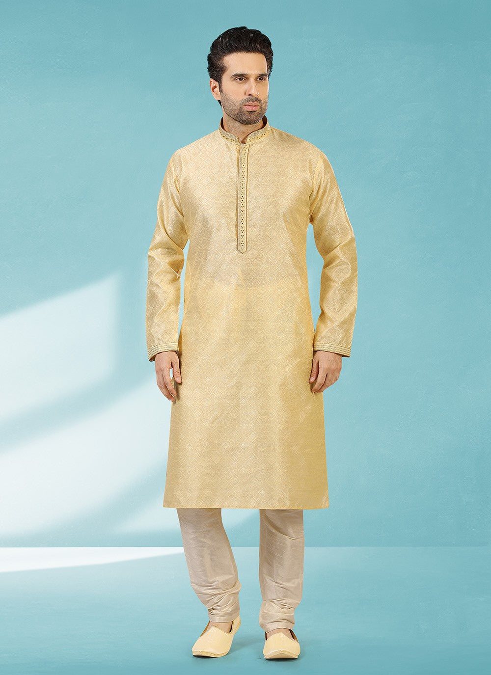 Plain Brocade, Jacquard Silk Beige Kurta Pyjama - M2309