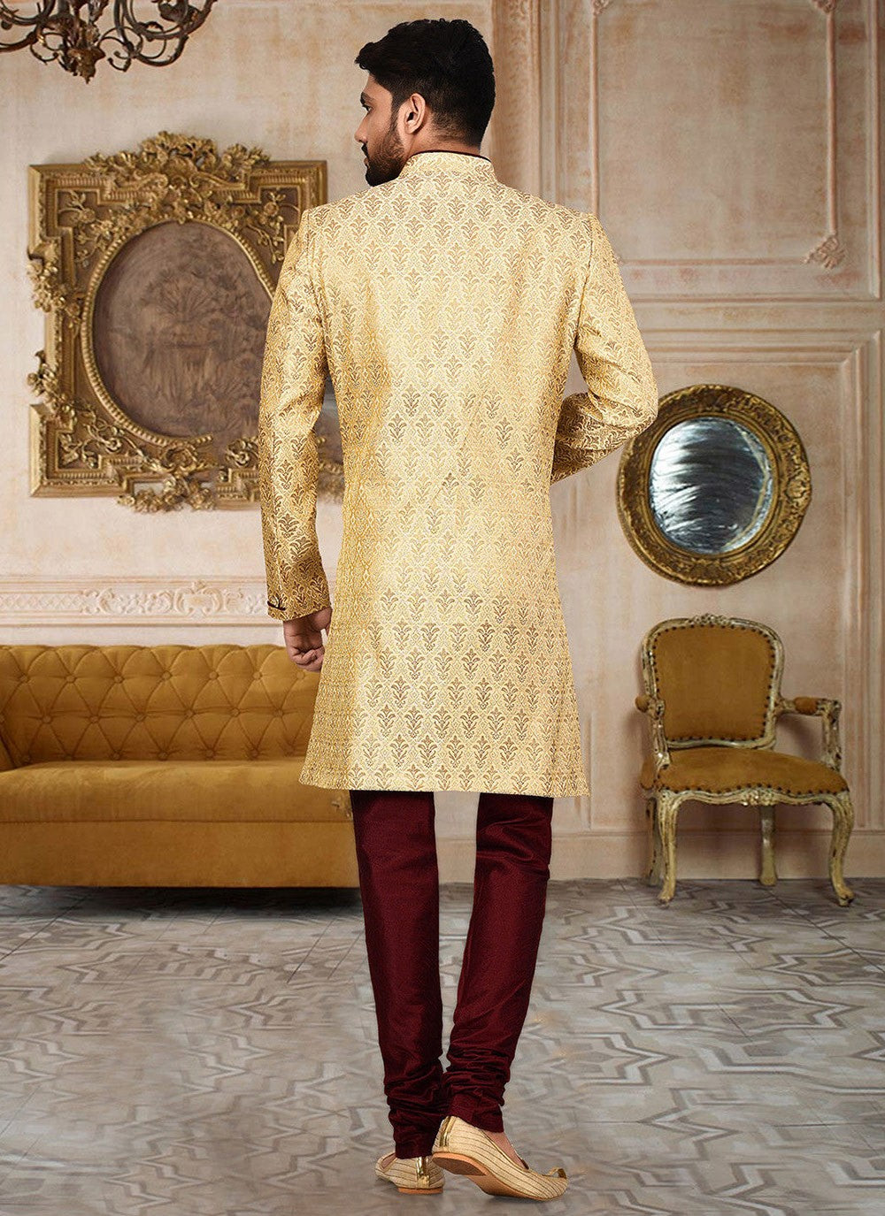 Embroidered Jamawar Beige Indo Western Sherwani - M2766