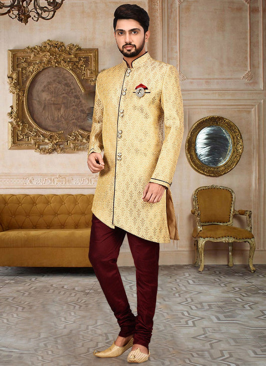 Embroidered Jamawar Beige Indo Western Sherwani - M2766