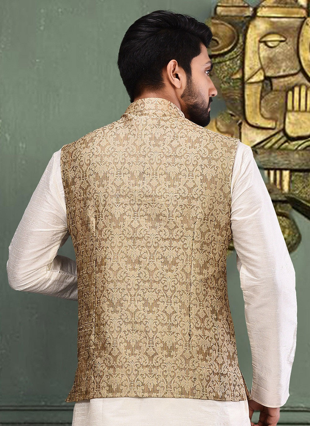 Fancy Work Jamawar Beige Nehru Jackets - M2745