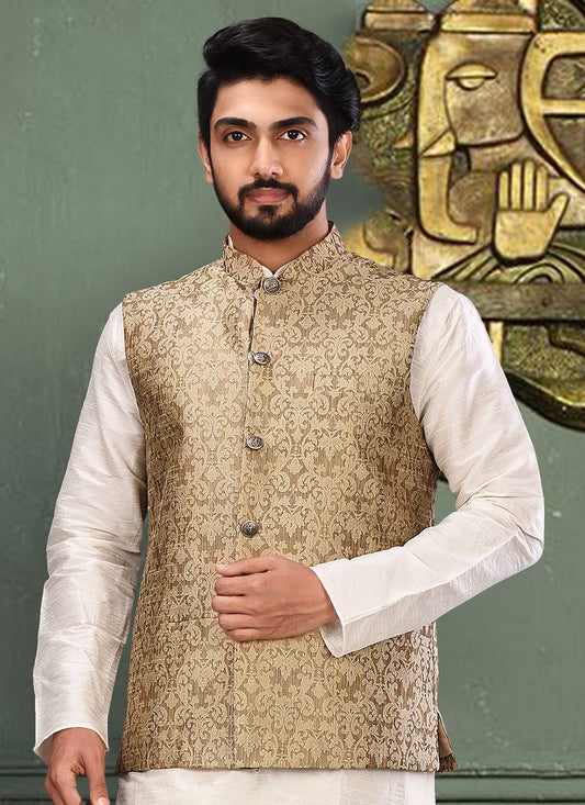 Fancy Work Jamawar Beige Nehru Jackets - M2745