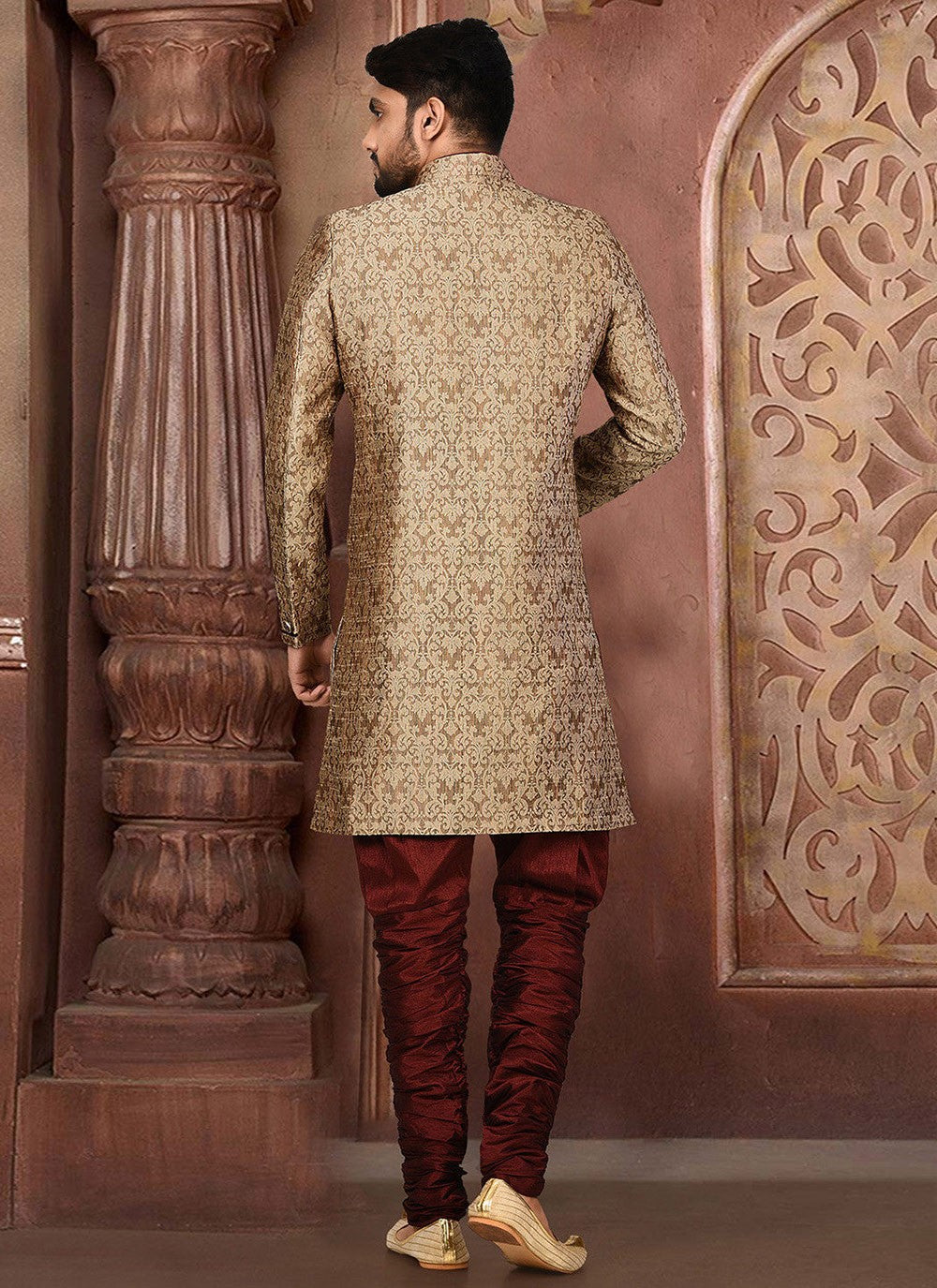 Embroidered Jamawar Beige Indo Western Sherwani - M2764