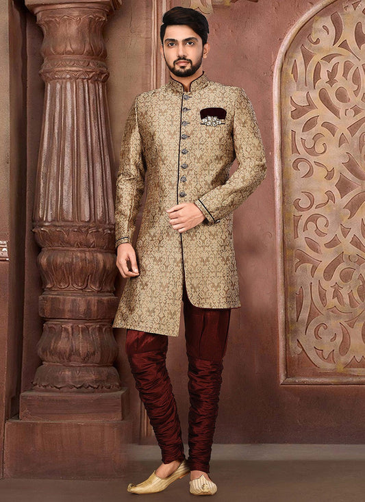 Embroidered Jamawar Beige Indo Western Sherwani - M2764