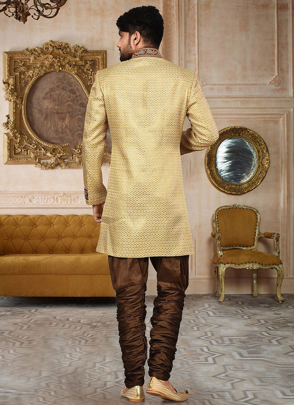 Embroidered Jamawar Beige Indo Western Sherwani - M2765