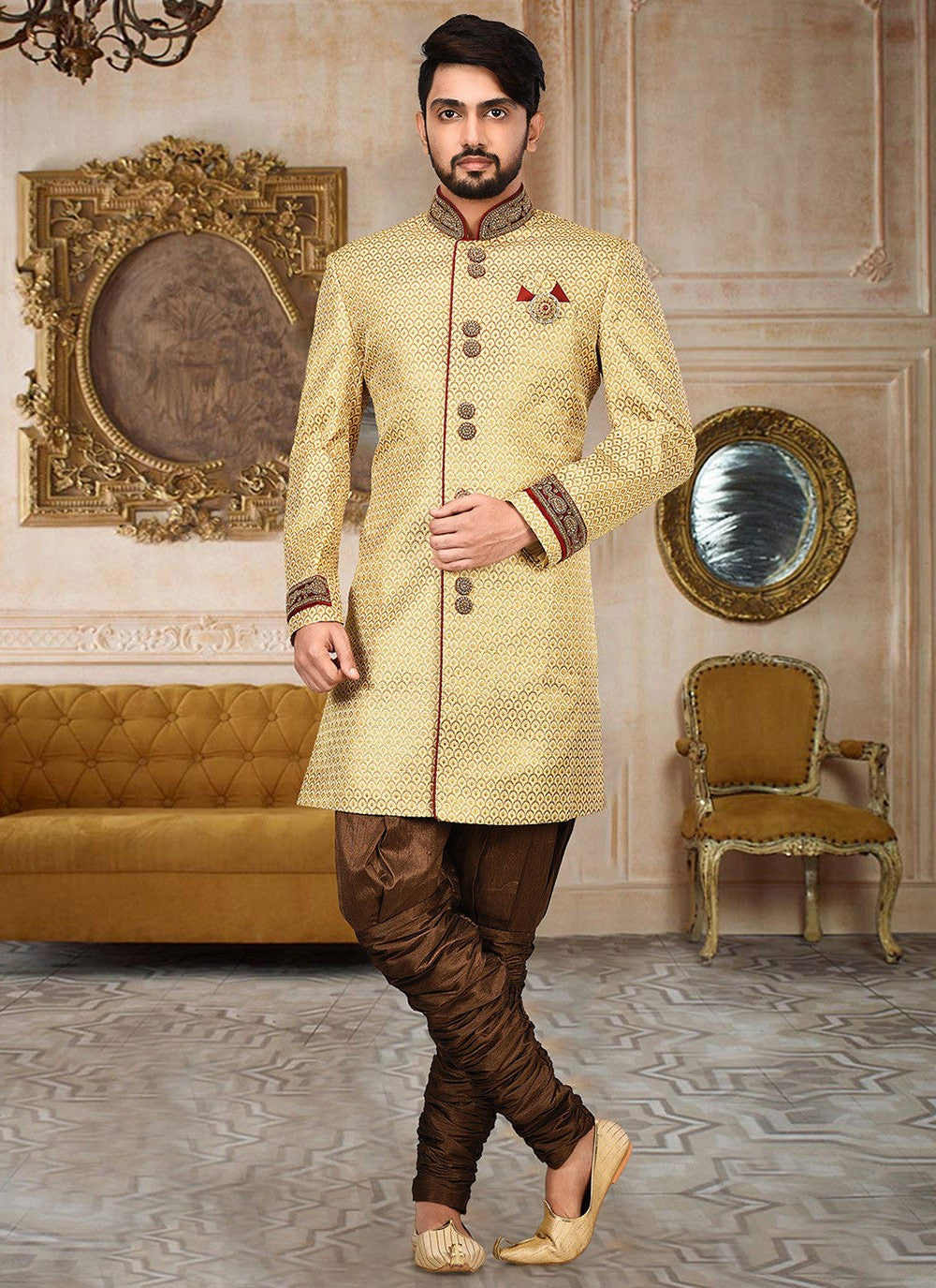 Embroidered Jamawar Beige Indo Western Sherwani - M2765