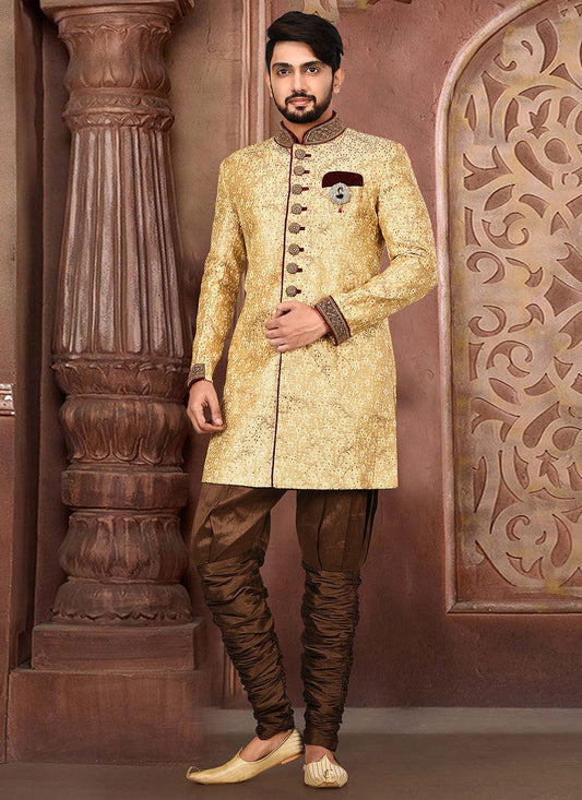 Embroidered Jamawar Beige Indo Western Sherwani - M2771