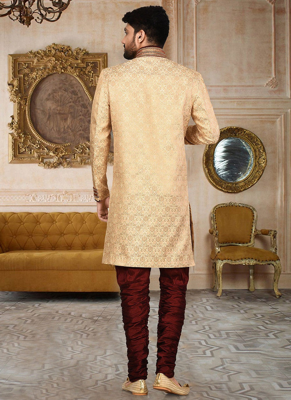 Embroidered Jamawar Beige Indo Western Sherwani - M2762