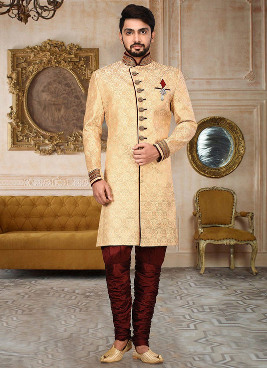 Embroidered Jamawar Beige Indo Western Sherwani - M2762