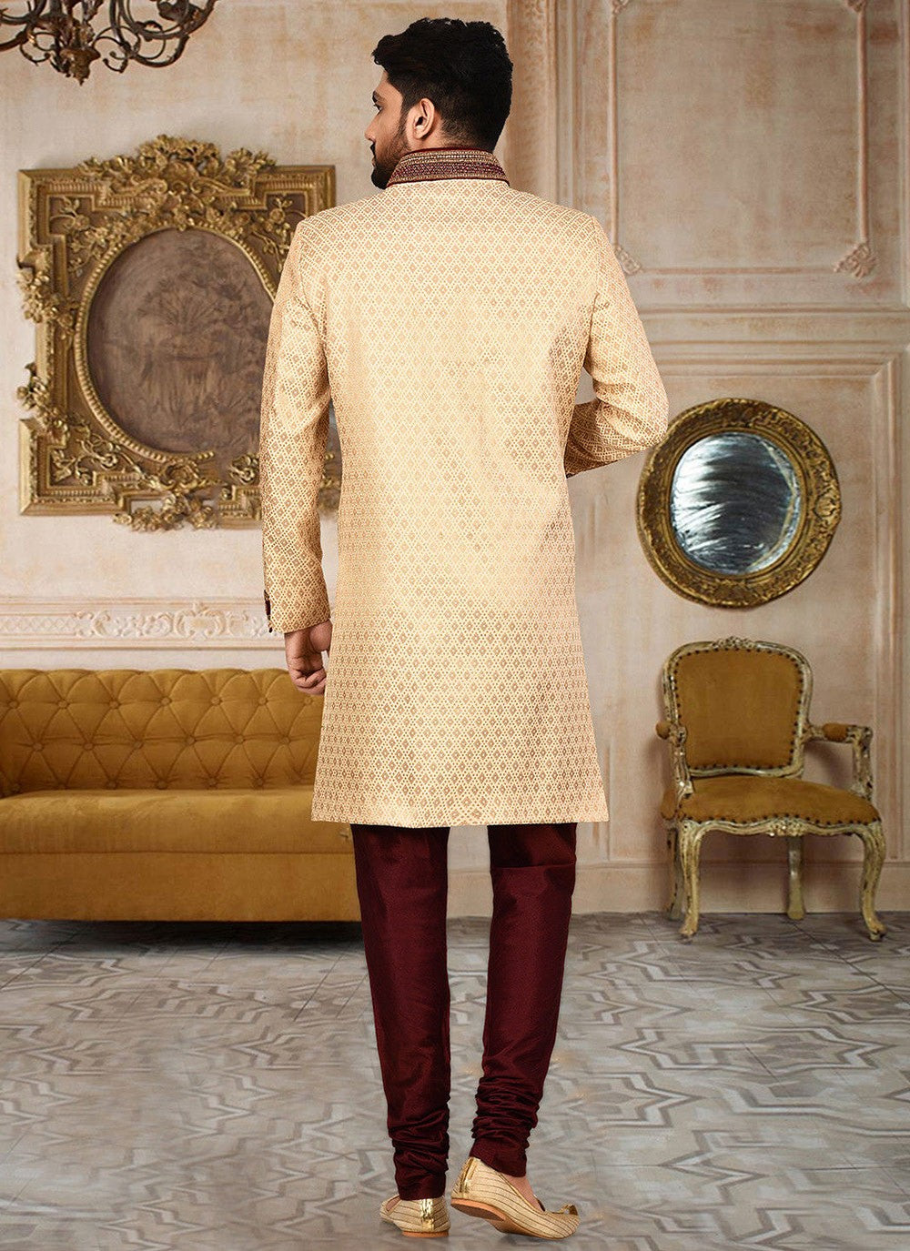 Embroidered Jamawar Beige Indo Western Sherwani - M2768