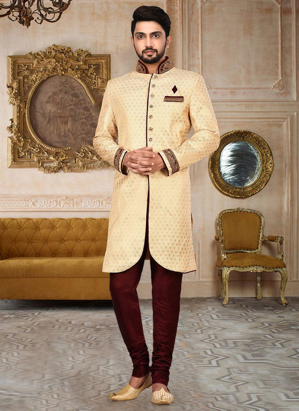 Embroidered Jamawar Beige Indo Western Sherwani - M2768