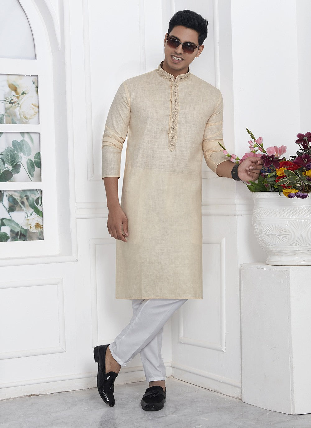 Fancy Work Cotton , Linen Beige Kurta Pyjama - M7115