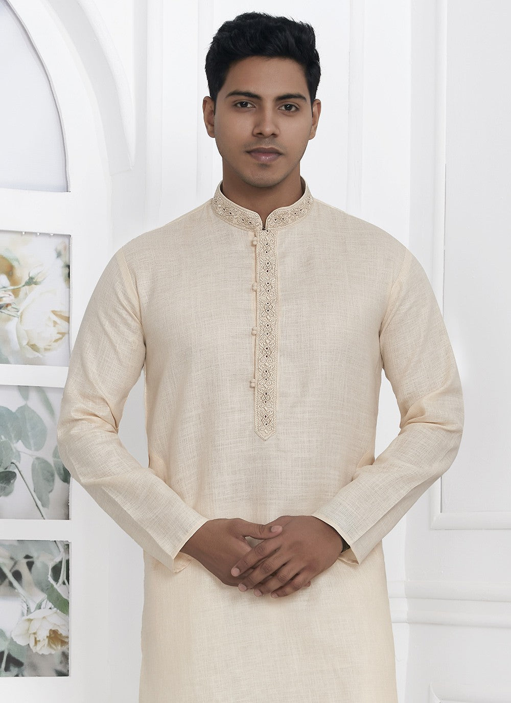 Fancy Work Cotton , Linen Beige Kurta Pyjama - M7115