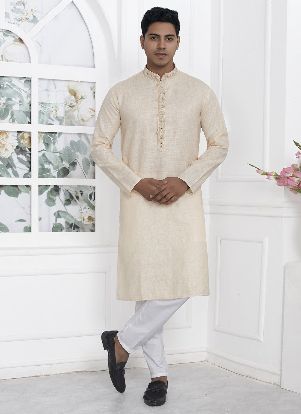 Fancy Work Cotton , Linen Beige Kurta Pyjama - M7115