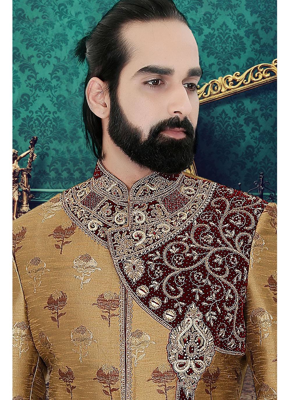 Hand Embroidery Brocade Beige Indo Western Sherwani - M1896