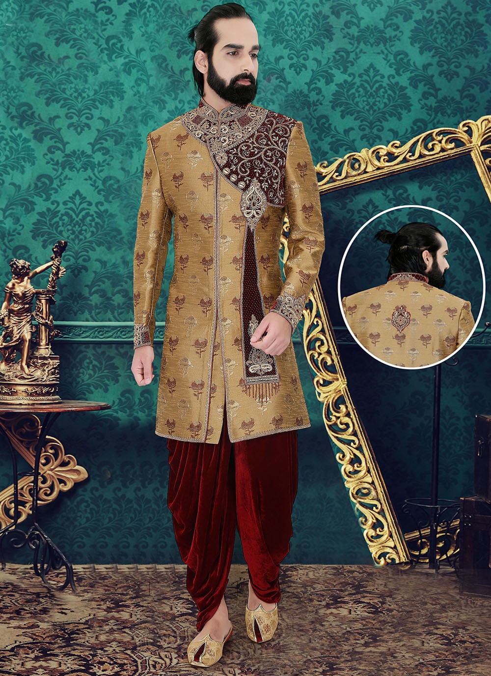 Hand Embroidery Brocade Beige Indo Western Sherwani - M1896