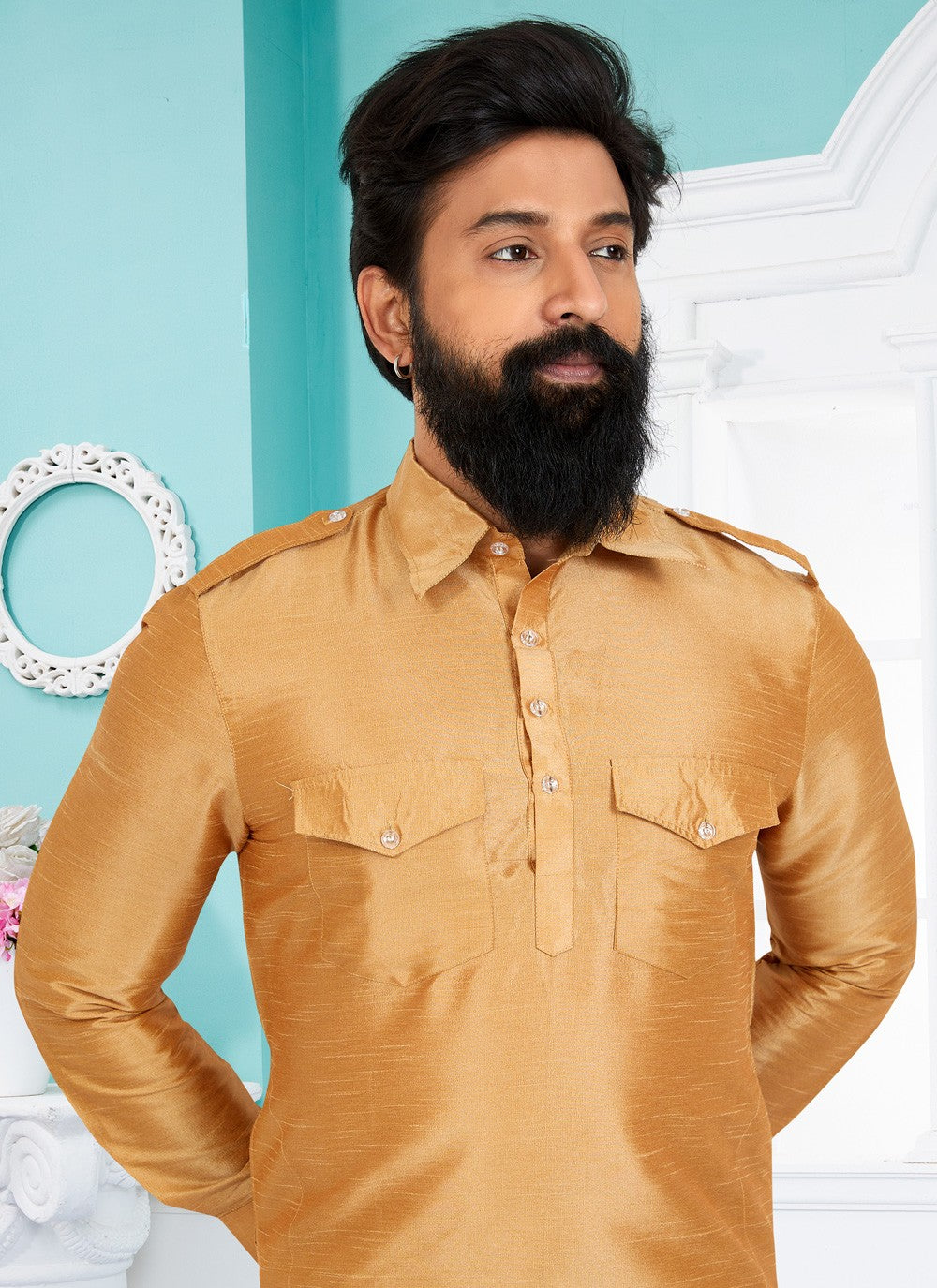 Plain Dupion Silk Beige Kurta Pyjama - M5026