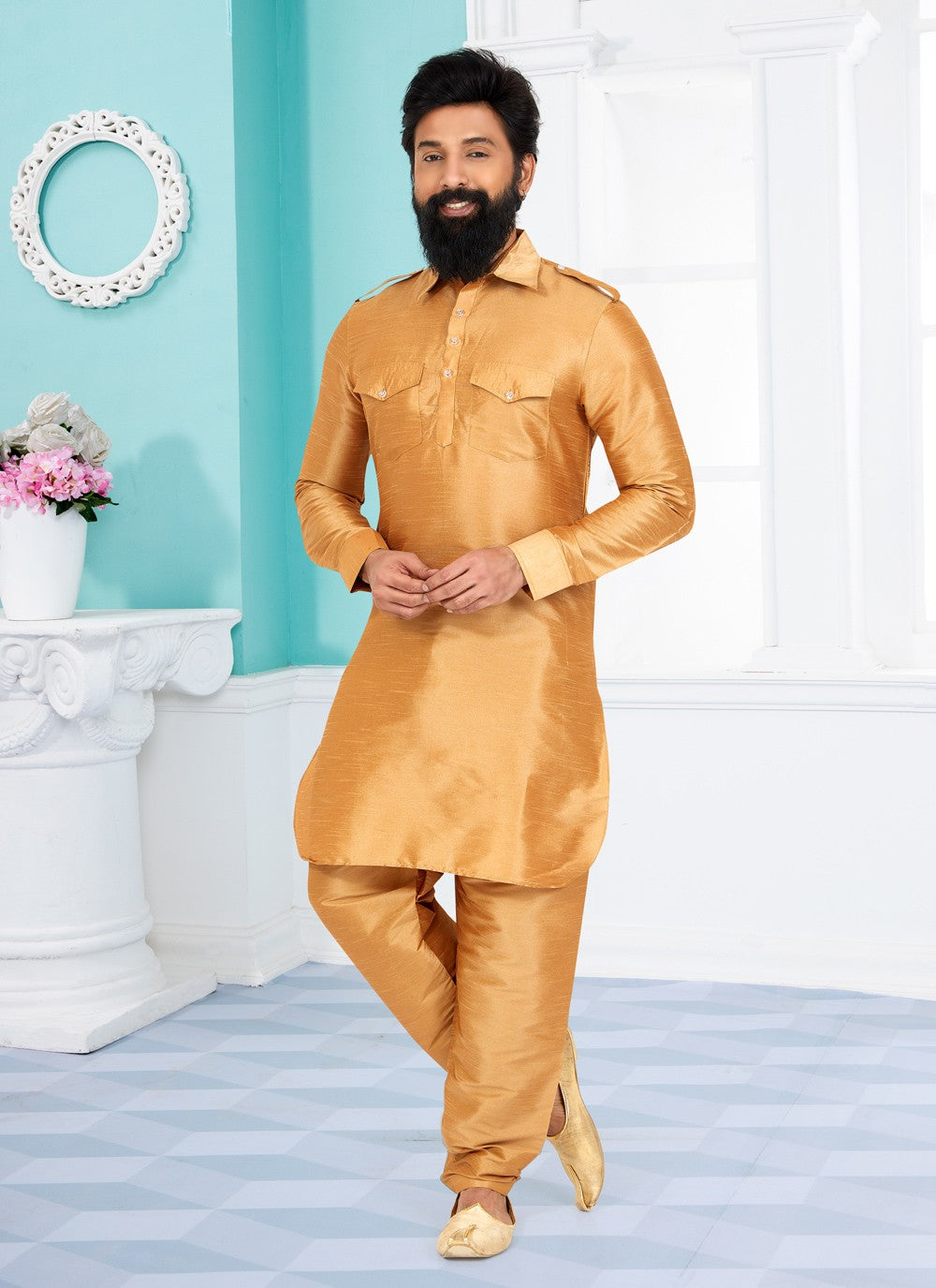 Plain Dupion Silk Beige Kurta Pyjama - M5026