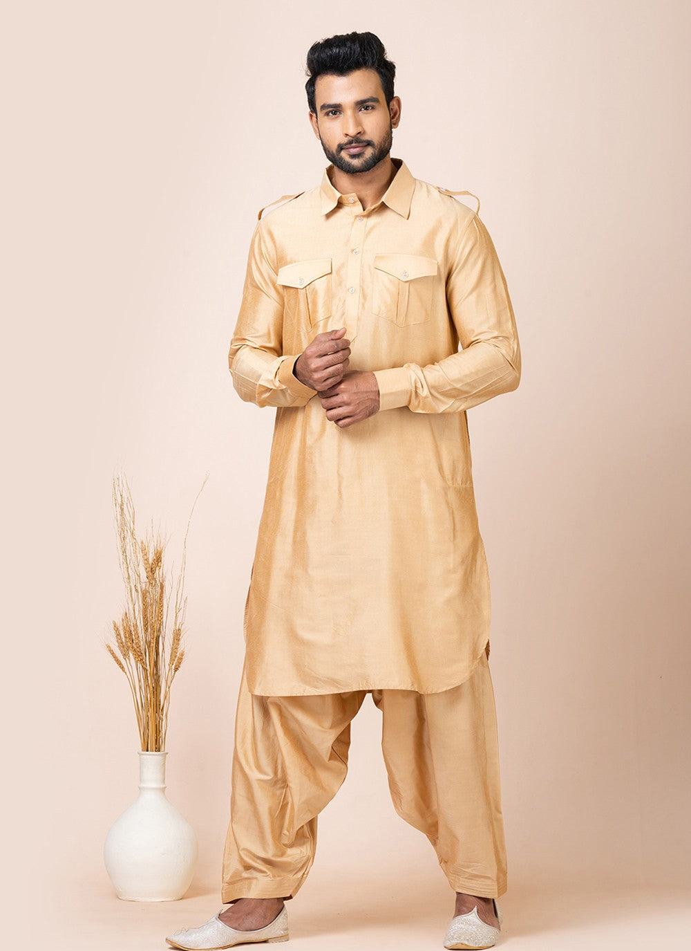 Plain Viscose Beige Kurta Pyjama - M7467