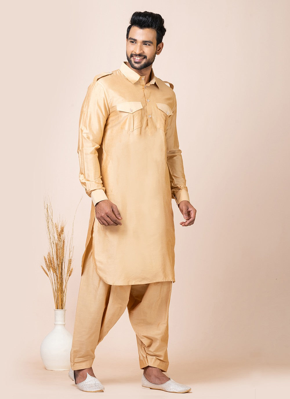 Plain Viscose Beige Kurta Pyjama - M7467