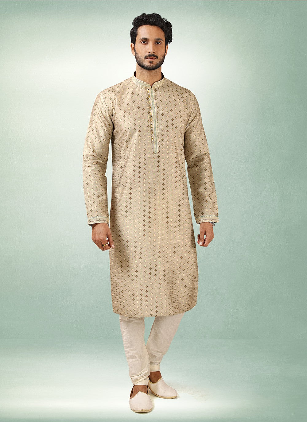 Printed Art Silk Beige Kurta Pyjama - M2857