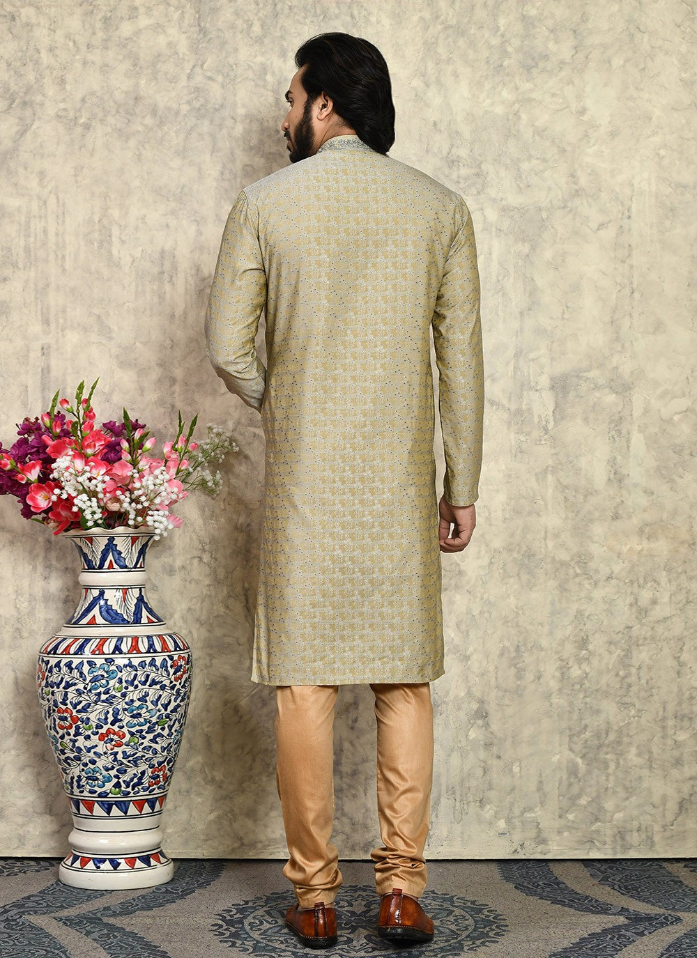 Hand Embroidery Art Silk Beige Kurta Pyjama - M7954