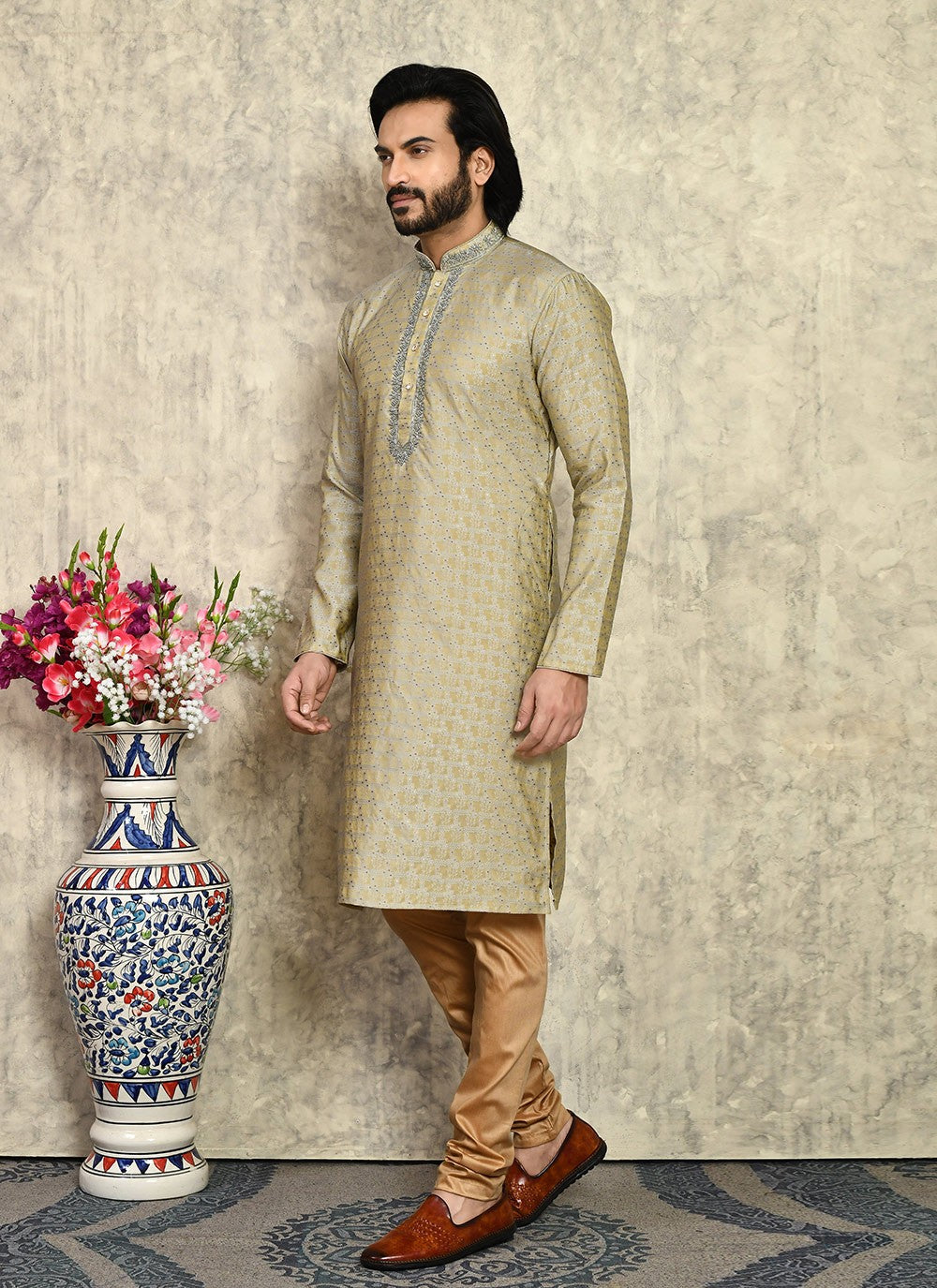 Hand Embroidery Art Silk Beige Kurta Pyjama - M7954