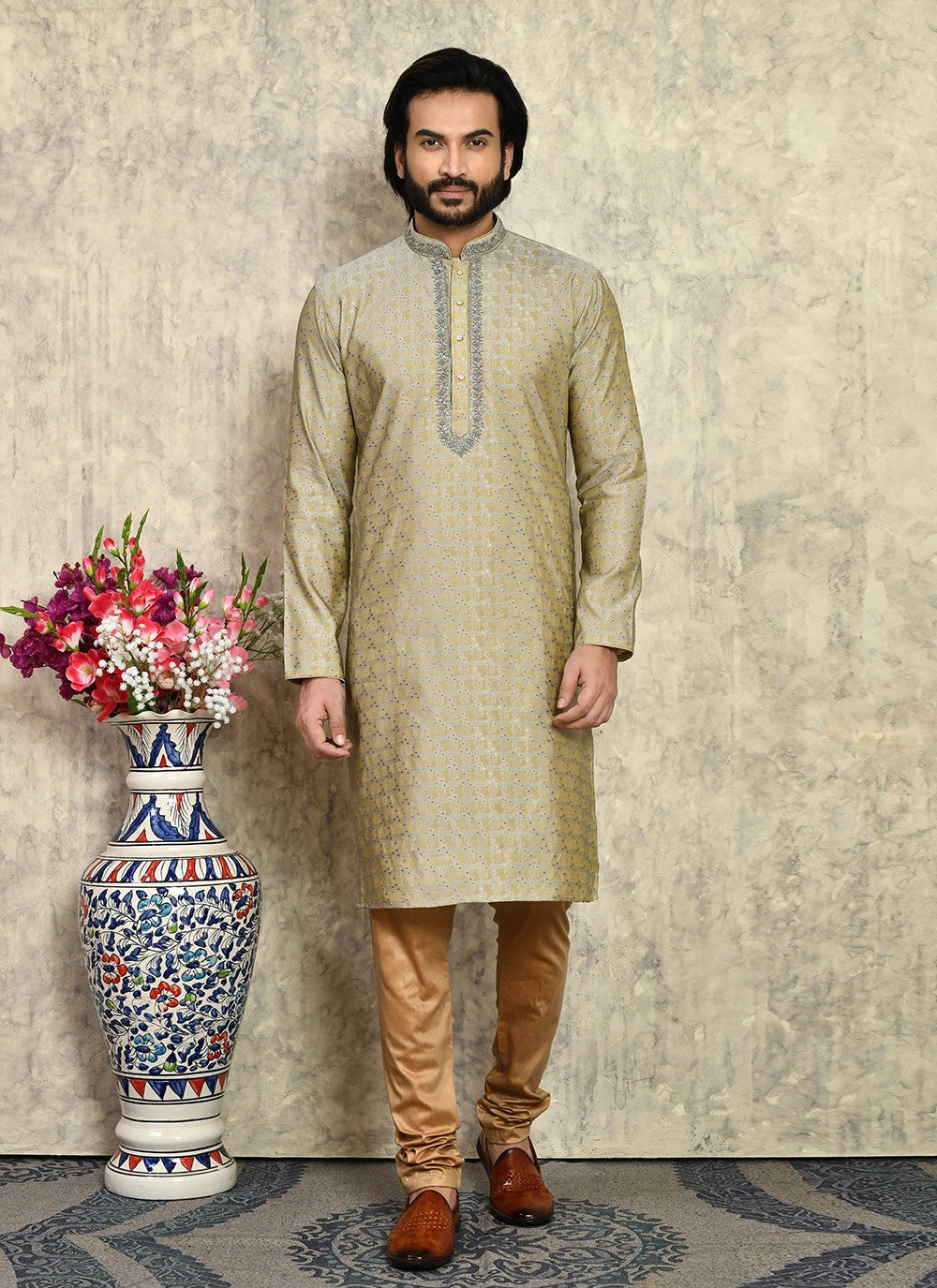 Hand Embroidery Art Silk Beige Kurta Pyjama - M7954