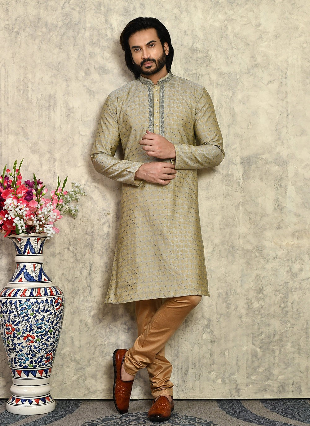 Hand Embroidery Art Silk Beige Kurta Pyjama - M7954