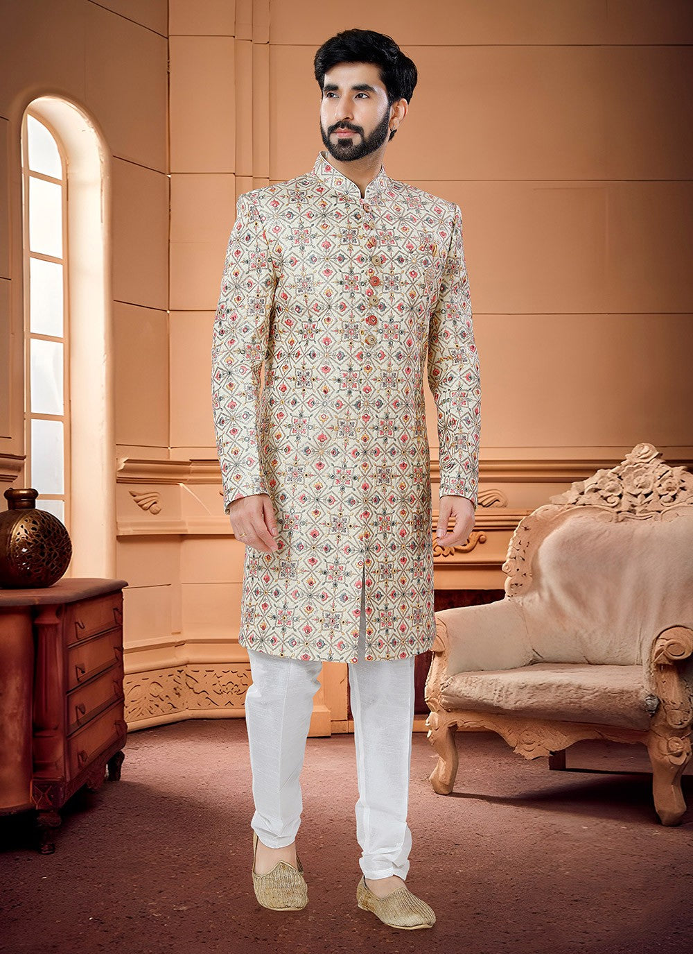 Embroidered Silk Beige Indo Western Sherwani - M4312