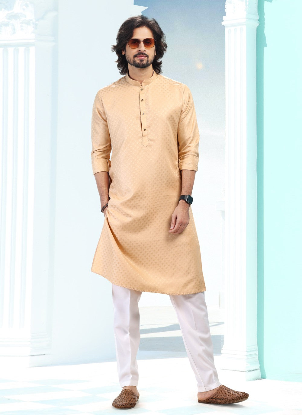 Fancy Work Silk Beige Kurta Pyjama - M5190