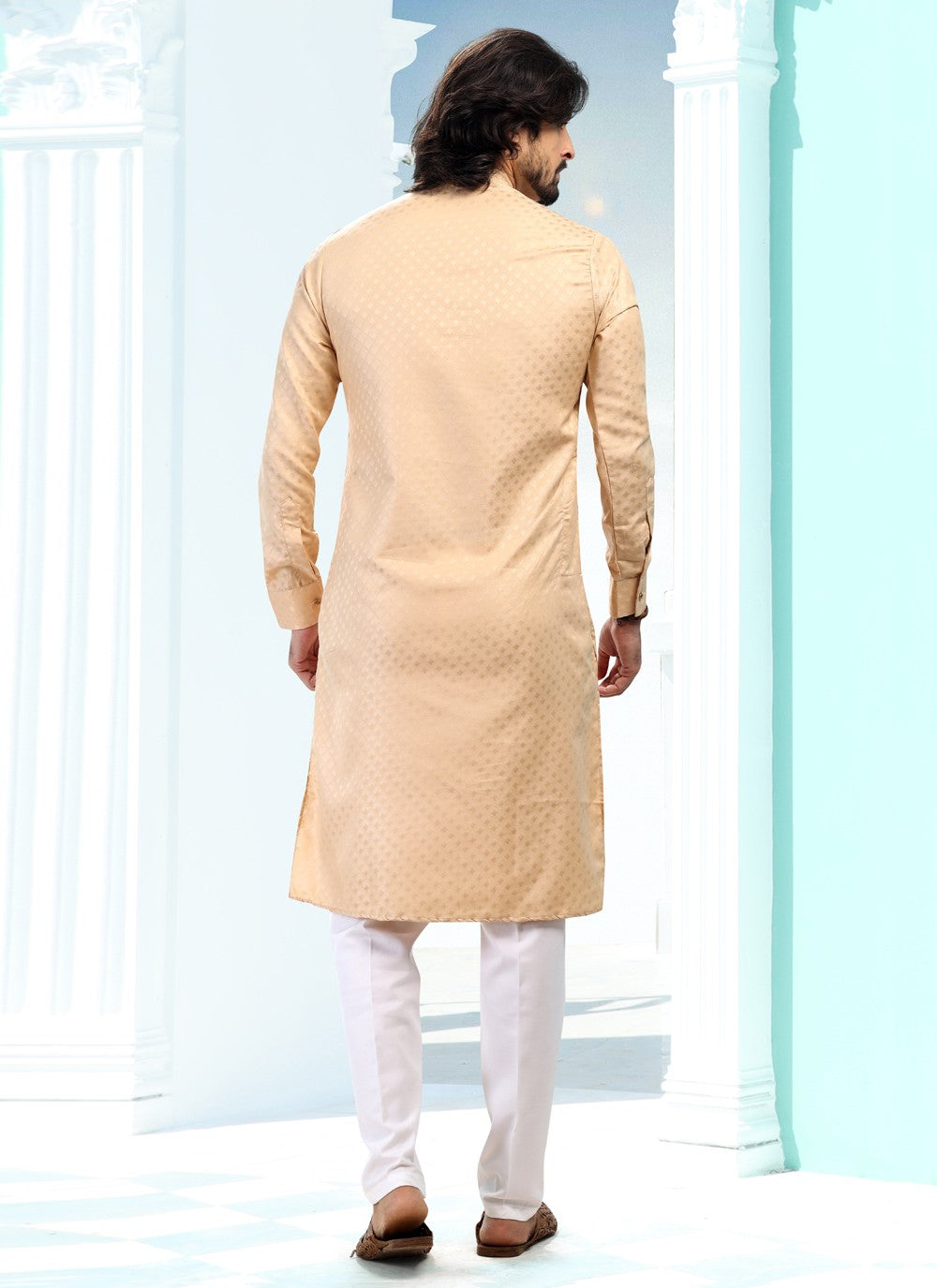 Fancy Work Silk Beige Kurta Pyjama - M5190