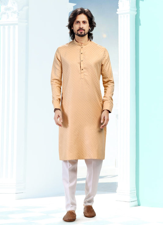 Fancy Work Silk Beige Kurta Pyjama - M5190