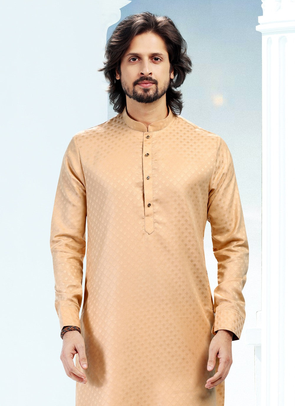 Fancy Work Silk Beige Kurta Pyjama - M5190