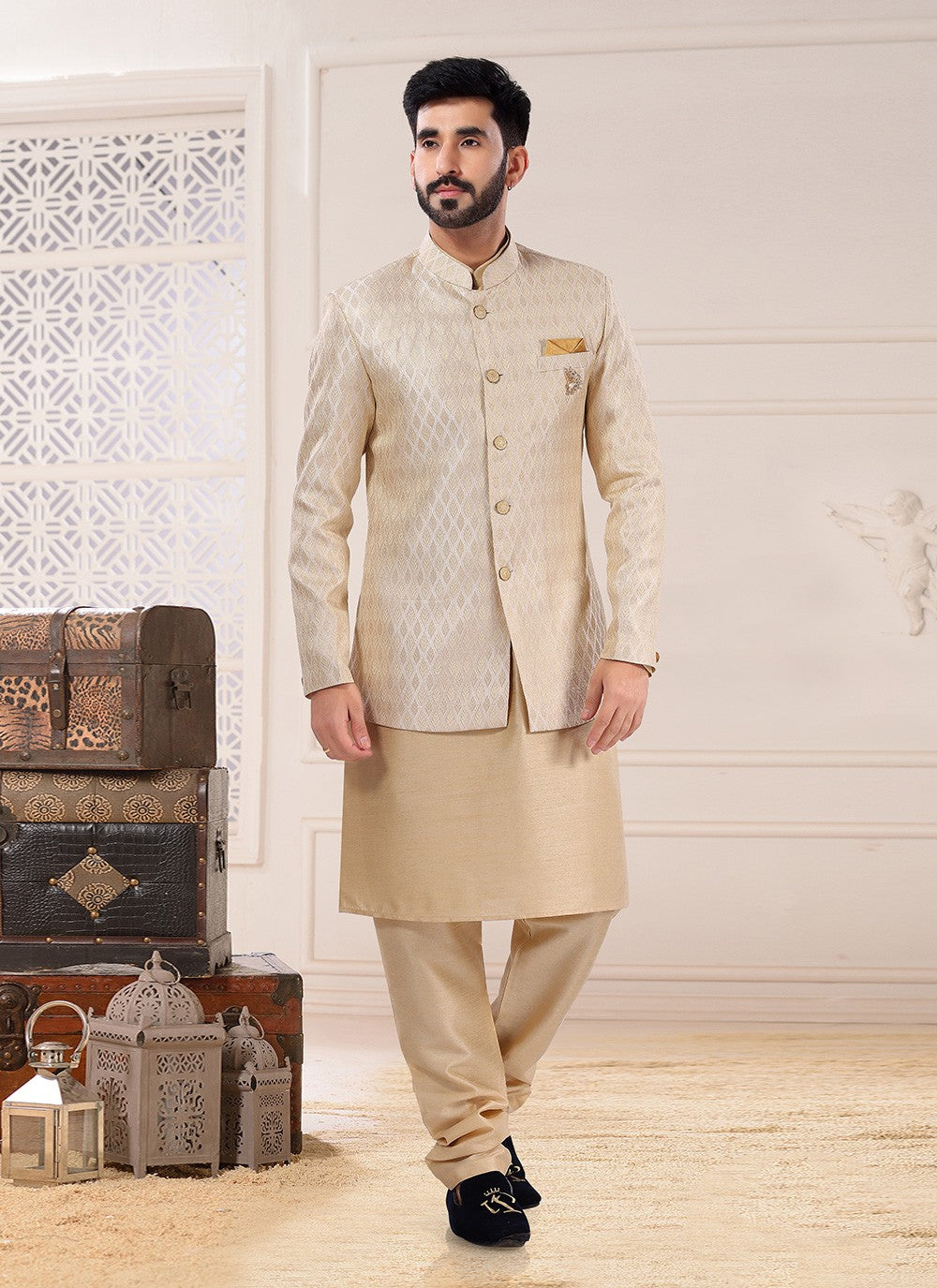 Embroidered Silk Beige Kurta Payjama With Jacket - M4701