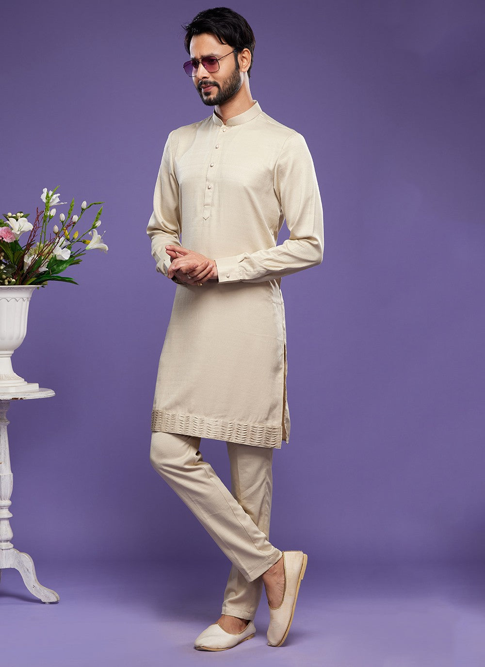 Thread Banarasi Silk Beige Kurta Pyjama - M6048