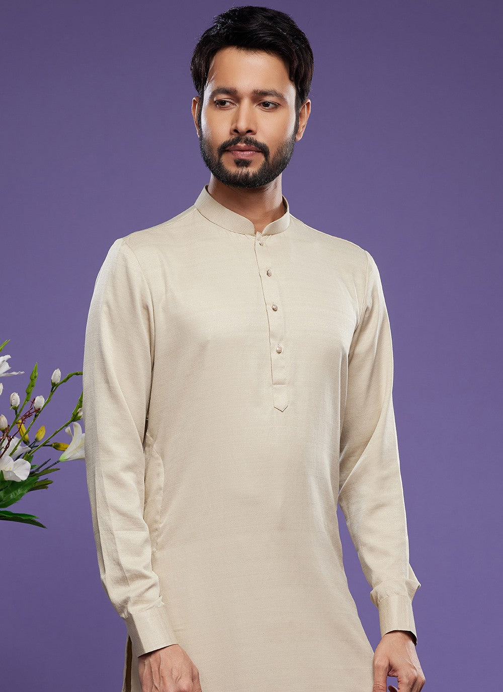 Thread Banarasi Silk Beige Kurta Pyjama - M6048