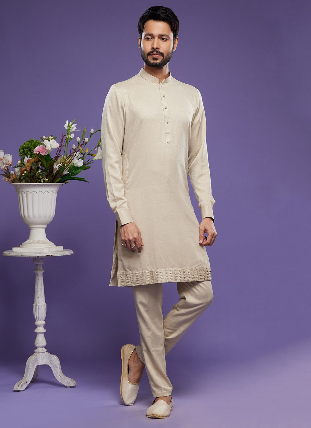 Thread Banarasi Silk Beige Kurta Pyjama - M6048