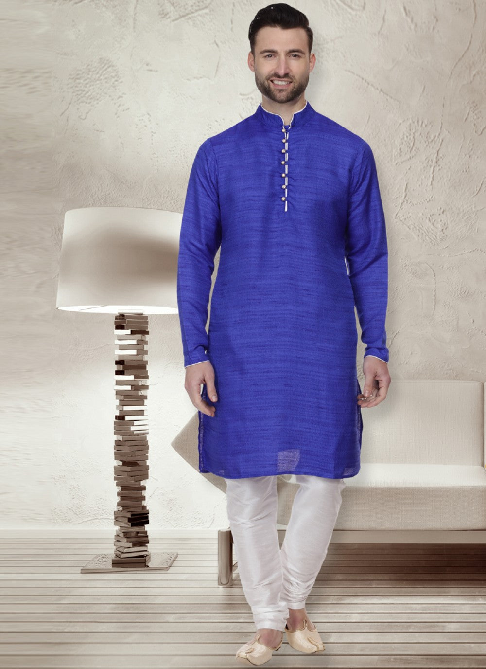 Patch Bhagalpuri Silk Blue Kurta Pyjama - M1069