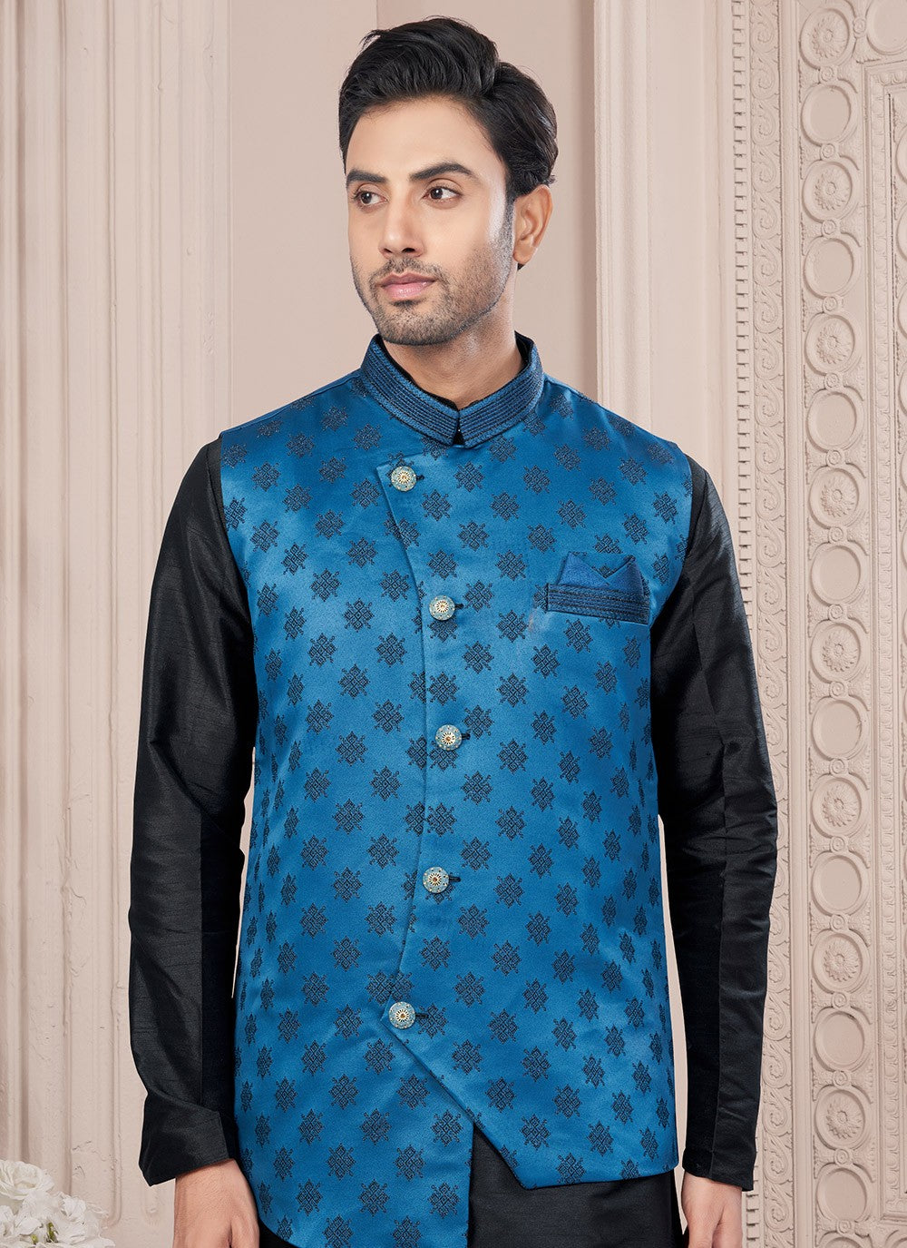 Printed Banarasi Jacquard, Dupion Silk Black, Blue Kurta Payjama With Jacket - M8679