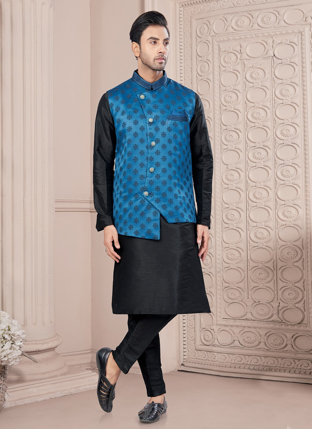 Printed Banarasi Jacquard, Dupion Silk Black, Blue Kurta Payjama With Jacket - M8679