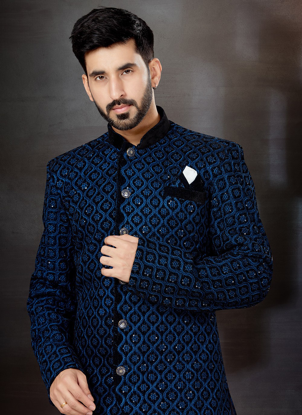 Embroidered Velvet Black, Blue Indo Western Sherwani - M4801