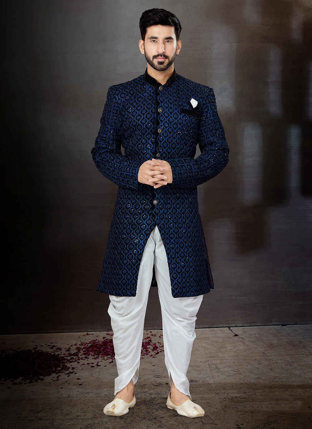 Embroidered Velvet Black, Blue Indo Western Sherwani - M4801