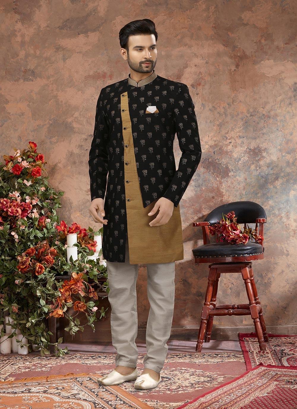 Digital Print Jacquard Black, Brown Indo Western Sherwani - M2875