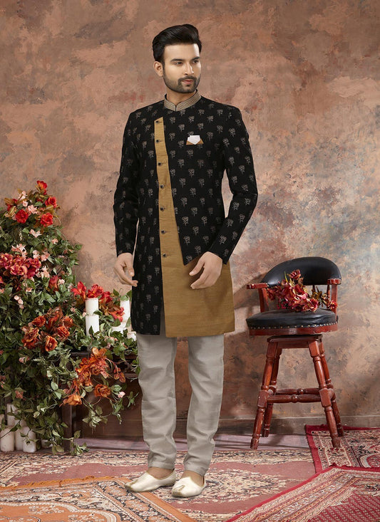 Digital Print Jacquard Black, Brown Indo Western Sherwani - M2875