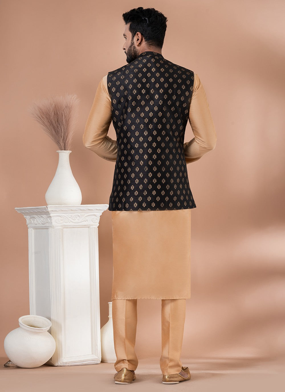 Plain Dupion Silk, Viscose Black, Brown Kurta Payjama With Jacket - M7734